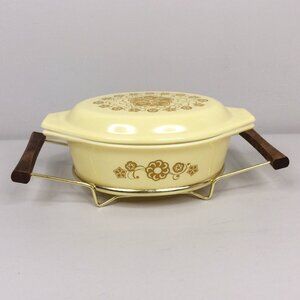 Vintage Pyrex 043 Kim Chee 1.5 QT Oval Casserole Dish with Lid Metal Wood Cradle